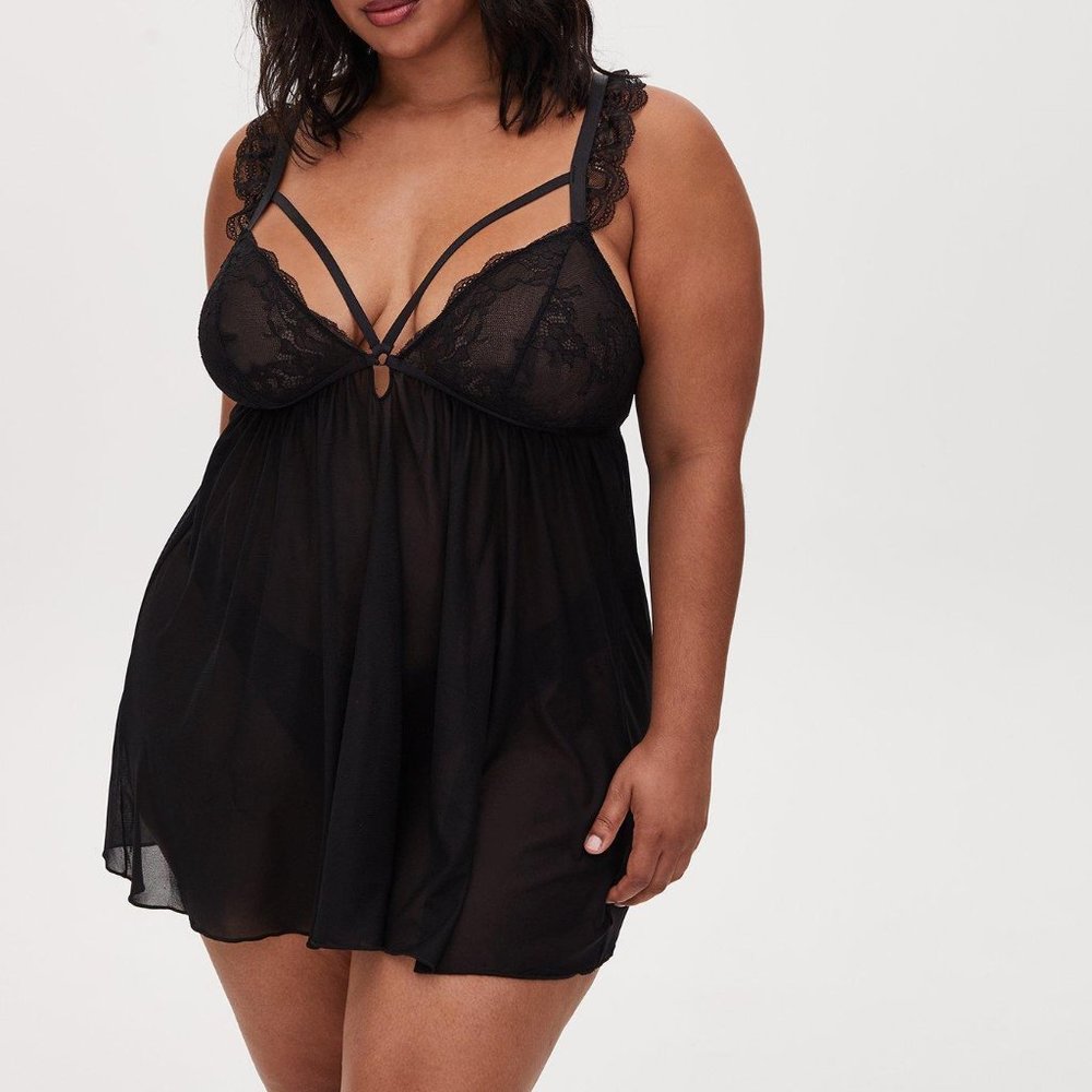 Torrid Curve Mesh Cap Sleeve Strappy Black Babydoll 1X NWOT
